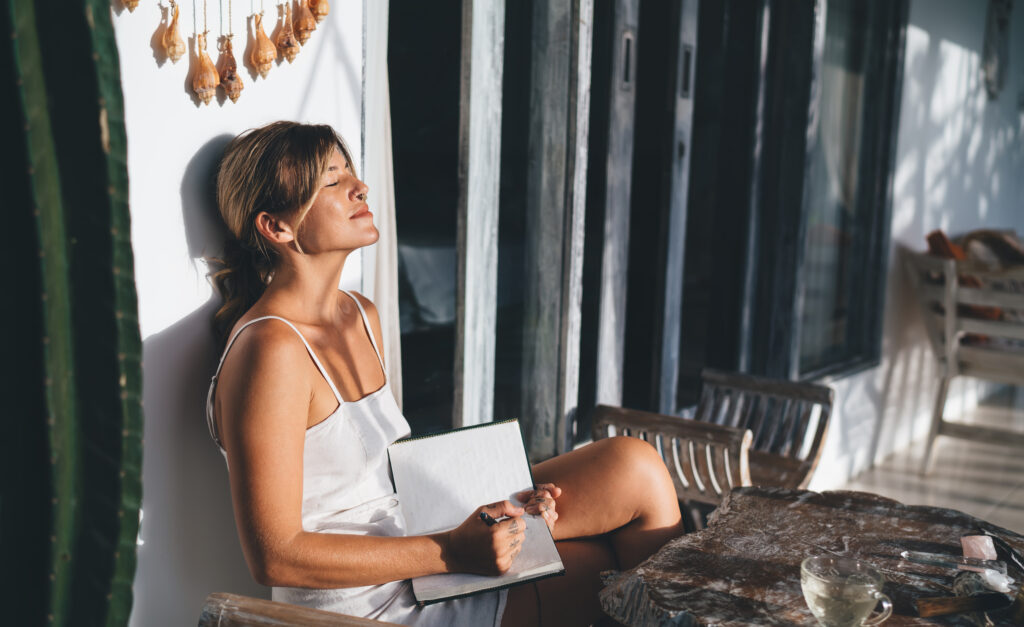 Woman starting her day with mindfulness during women’s burnout recovery